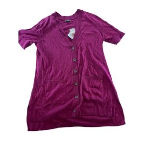 NWT Eddie Bauer Womens Cardigan Knit Short Sleeve V Neck Pockets Magenta XL